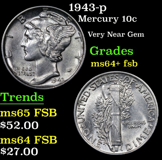 1943-p Mercury Dime 10c Grades Choice Unc+ FSB