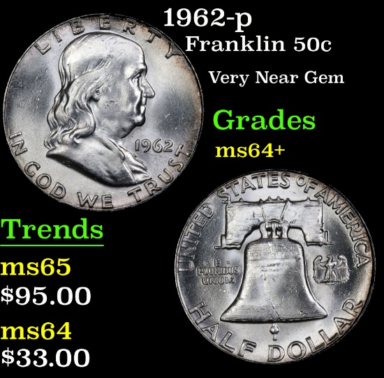1962-p Franklin Half Dollar 50c Grades Choice+ Unc