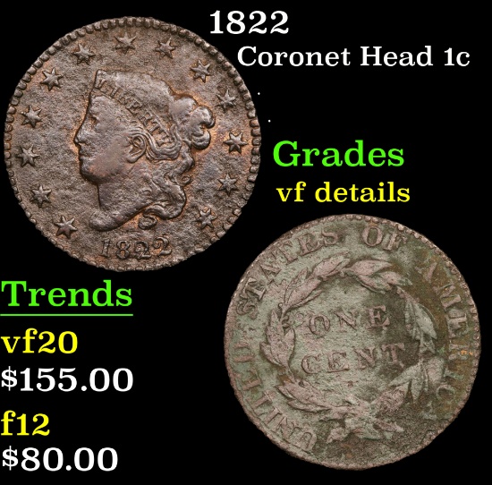 1822 Coronet Head Large Cent 1c Grades vf details