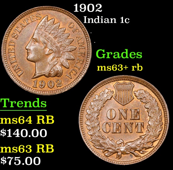 1902 Indian Cent 1c Grades Select+ Unc RB