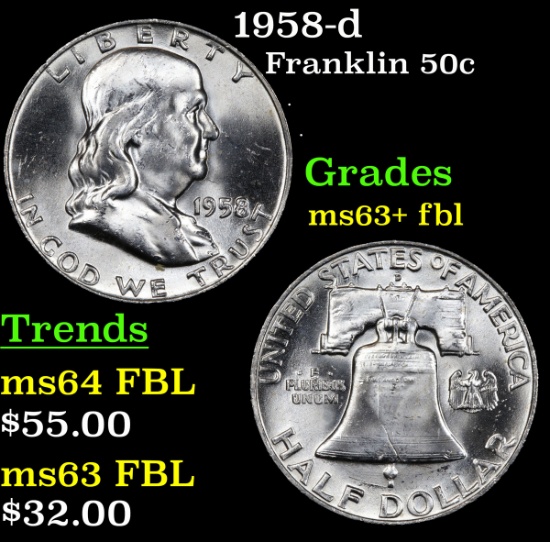 1958-d Franklin Half Dollar 50c Grades Select Unc+ FBL