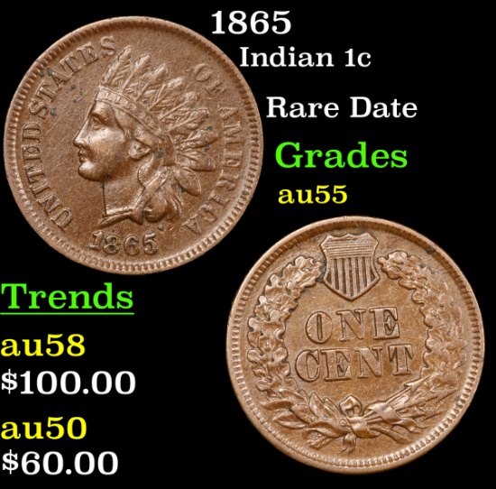 1865 Indian Cent 1c Grades Choice AU