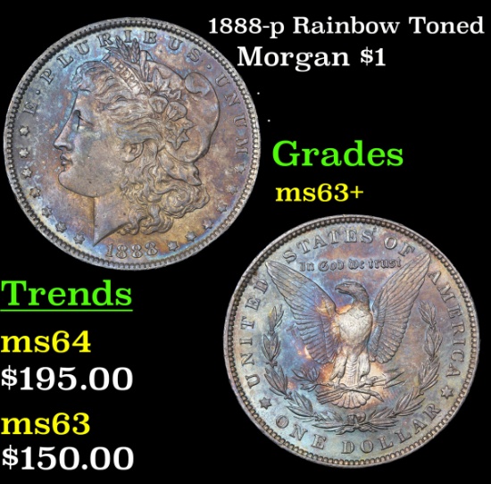 1888-p Rainbow Toned Morgan Dollar $1 Grades Select+ Unc