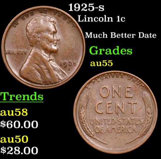 1925-s Lincoln Cent 1c Grades Choice AU