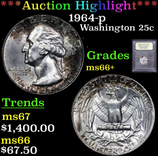 ***Auction Highlight*** 1964-p Washington Quarter 25c Graded GEM++ Unc By USCG (fc)