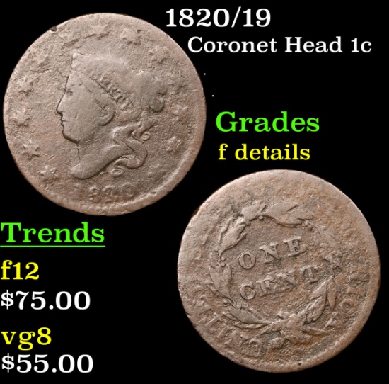 1820/19 Coronet Head Large Cent 1c Grades f details