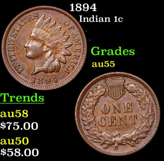 1894 Indian Cent 1c Grades Choice AU