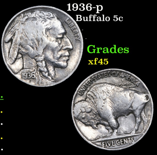 1936-p Buffalo Nickel 5c Grades xf+