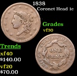 1838 Coronet Head Large Cent 1c Grades vf++