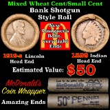 Mixed small cents 1c orig shotgun roll, 1919-s Wheat Cent, 1899 Indian Cent other end