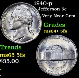 1940-p Jefferson Nickel 5c Grades Choice Unc+ 5fs