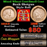 Mixed small cents 1c orig shotgun roll, 1918-d Wheat Cent, 1892 Indian Cent other end