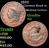 1832 Coronet Head Large Cent 1c Grades f+