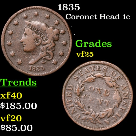 1835 Coronet Head Large Cent 1c Grades vf+