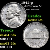 1942-p Jefferson Nickel 5c Grades Select Unc+ 5fs