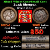 Mixed small cents 1c orig shotgun roll, 1920-d Wheat Cent, 1898 Indian Cent other end