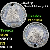 1858-p Seated Liberty Quarter 25c Grades vf details