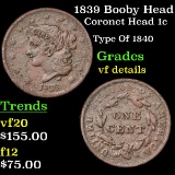 1839 Booby Head Coronet Head Large Cent 1c Grades vf details
