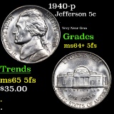 1940-p Jefferson Nickel 5c Grades Choice Unc+ 5fs