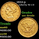 1853-p Gold Liberty Quarter Eagle $2 1/2 Grades Unc Details
