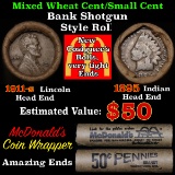 Mixed small cents 1c orig shotgun roll, 1918-s Wheat Cent, 1895 Indian Cent other end