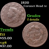 1820 Coronet Head Large Cent 1c Grades f details