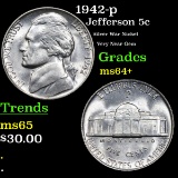 1942-p Jefferson Nickel 5c Grades Choice+ Unc