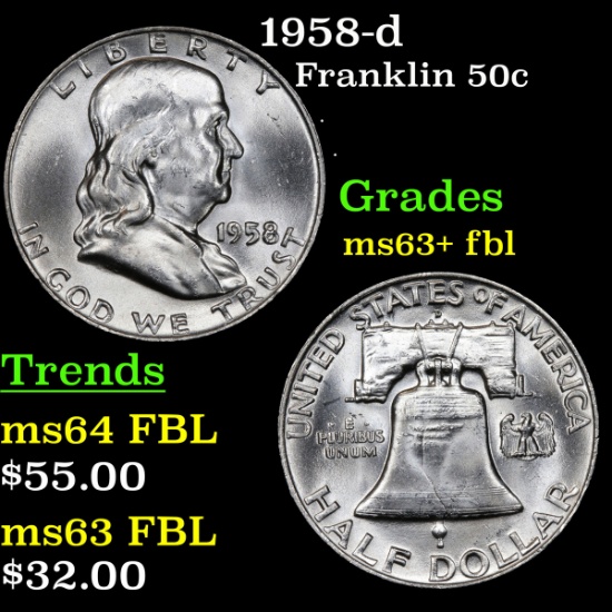 1958-d Franklin Half Dollar 50c Grades Select Unc+ FBL