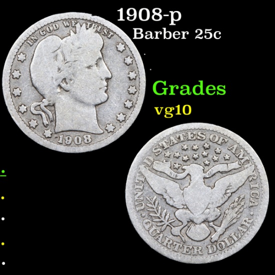 1908-p Barber Quarter 25c Grades vg+