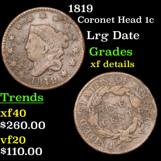 1819 Coronet Head Large Cent 1c Grades xf details