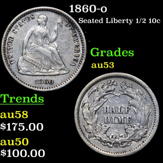 1860-o Seated Liberty Half Dime 1/2 10c Grades Select AU