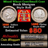 Mixed small cents 1c orig shotgun roll, 1858 Flying Eagle Cent, 1895 Indian Cent other end