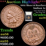 ***Auction Highlight*** 1892 Shos-14 Scarface Indian Cent 1c Graded Choice AU/BU Slider By USCG (fc)