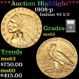 ***Auction Highlight*** 1908-p Gold Indian Quarter Eagle $2 1/2 Graded Select Unc By USCG (fc)
