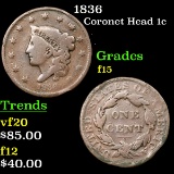 1836 Coronet Head Large Cent 1c Grades f+