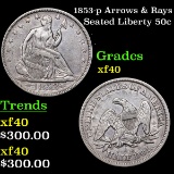 1853-p Arrows & Rays Seated Half Dollar 50c Grades xf