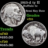 1913-d ty II Buffalo Nickel 5c Grades vf++