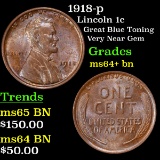 1918-p Lincoln Cent 1c Grades Choice+ Unc BN