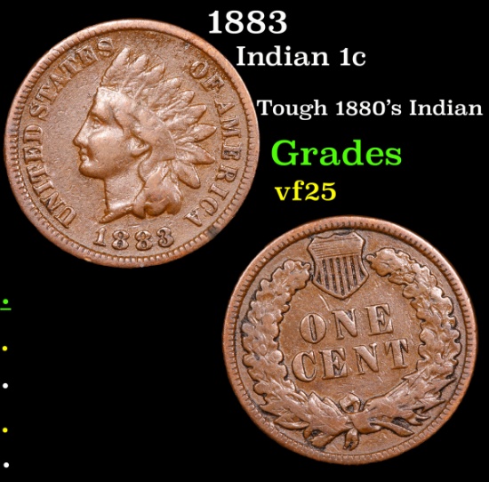 1883 Indian Cent 1c Grades vf+