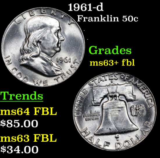 1961-d Franklin Half Dollar 50c Grades Select Unc+ FBL