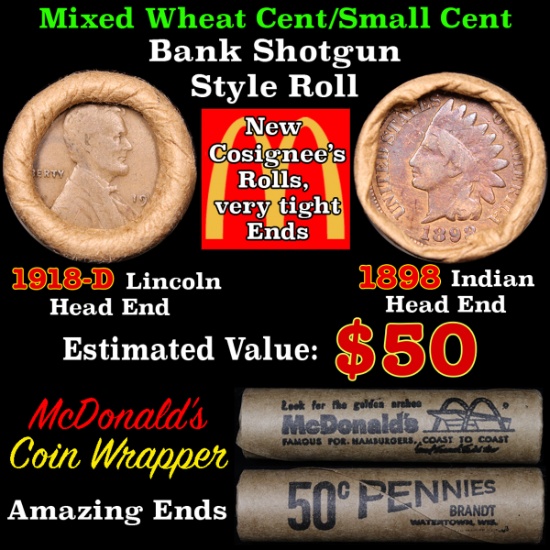 Mixed small cents 1c orig shotgun roll, 1918-d Wheat Cent, 1898 Indian Cent other end