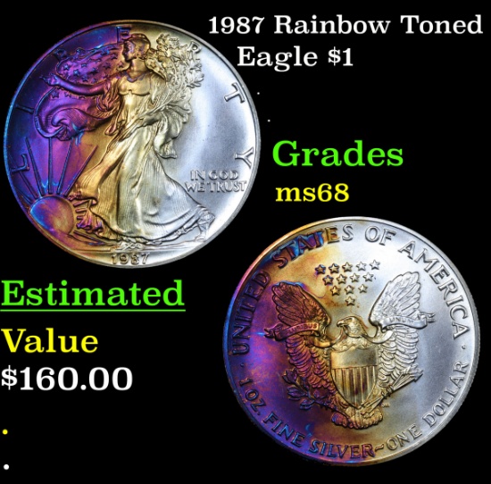 1987 Rainbow Toned Silver Eagle Dollar $1 Grades GEM+++ Unc