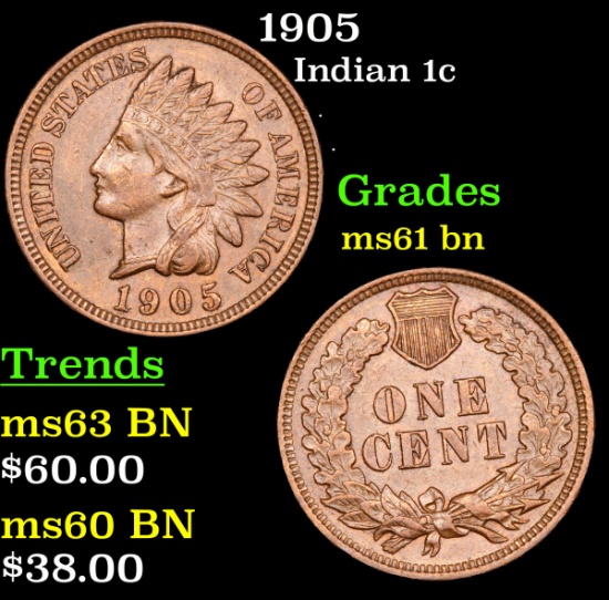 1905 Indian Cent 1c Grades Unc+ BN