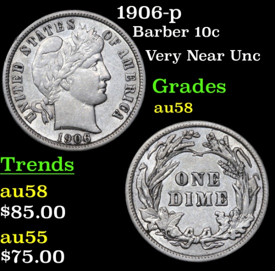 1906-p Barber Dime 10c Grades Choice AU/BU Slider