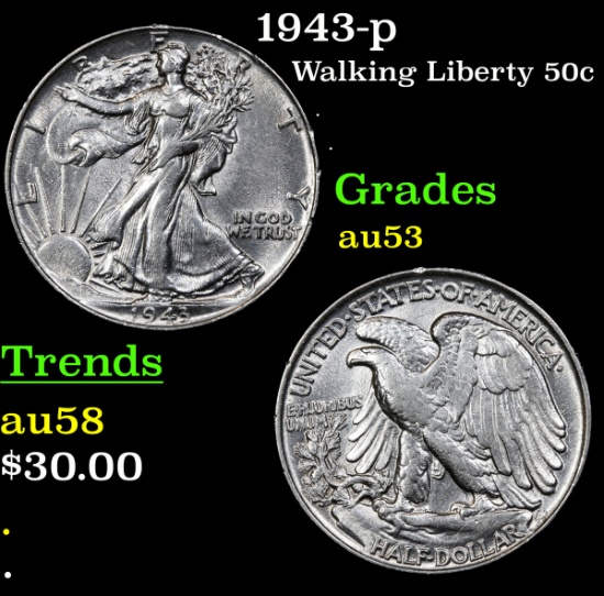 1943-p Walking Liberty Half Dollar 50c Grades Select AU