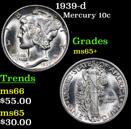 1939-d Mercury Dime 10c Grades GEM+ Unc