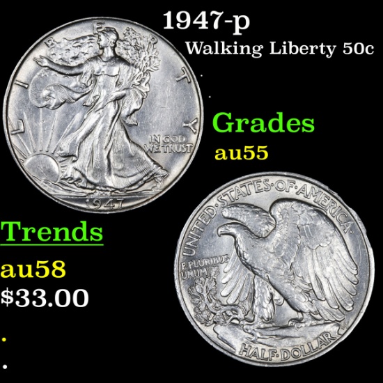 1947-p Walking Liberty Half Dollar 50c Grades Choice AU