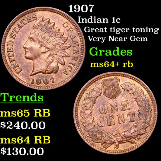 1907 Indian Cent 1c Grades Choice+ Unc RB