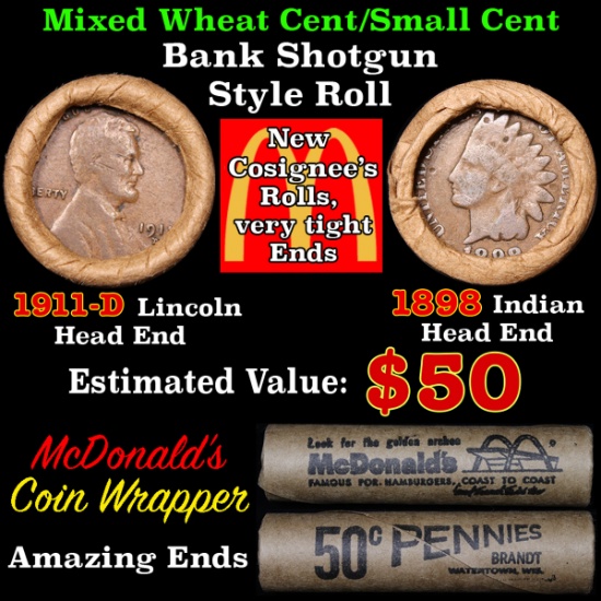 Mixed small cents 1c orig shotgun roll, 1911-d Wheat Cent, 1898 Indian Cent other end