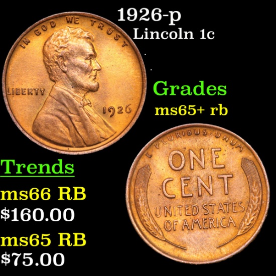 1926-p Lincoln Cent 1c Grades Gem+ Unc RB